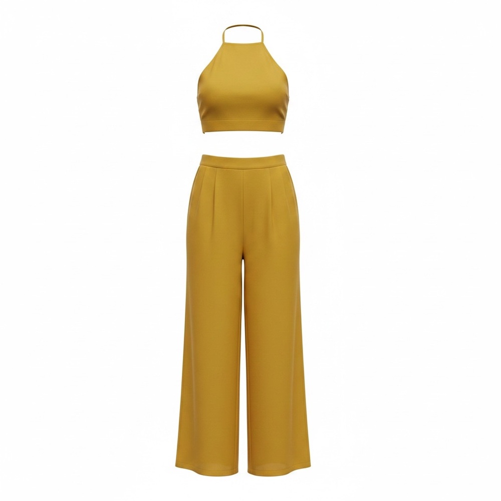 Fashion Nova High-Neck Mustard Two-Piece Crop Top & Wide-Leg Pants Set